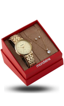 Kit Relógio Mondaine Feminino Dourado com Colar e Brincos 99906LPMKDE1K1