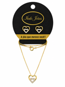 Conjunto Feminino Coração Duplo com Zircônias Folheado a Ouro