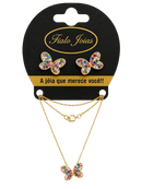 Conjunto Feminino Borboleta Colorida com Zircônias Folheado a Ouro