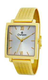 Relógio Champion Feminino CN21336H Dourado Quadrado Mostrador Prata