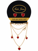 Conjunto Feminino Coração com Zircônia Vermelha Folheado a Ouro